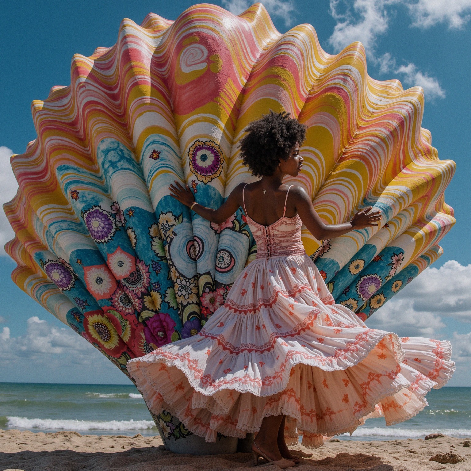 Woman in Pastel Dress Twirling by Seashell Sculpture
