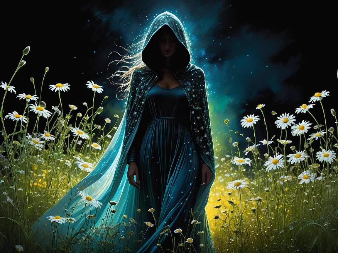 Mysterious Figure in Starry Cloak in Daisies Field