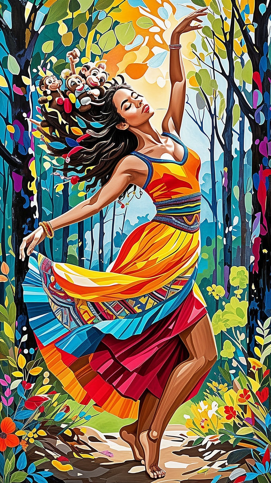 Colorful Dance Scene in a Lush Forest Setting