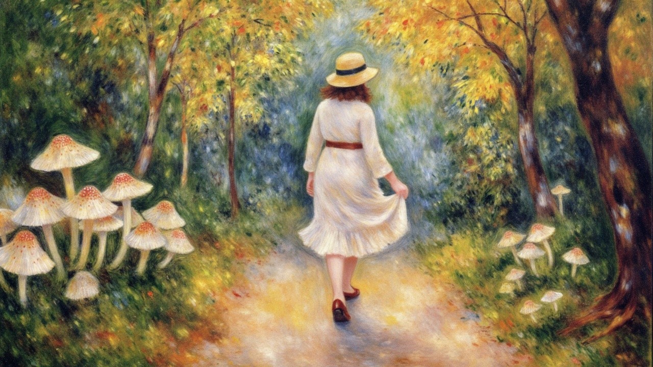 Woman in White Dress on Autumn Path with Mushrooms