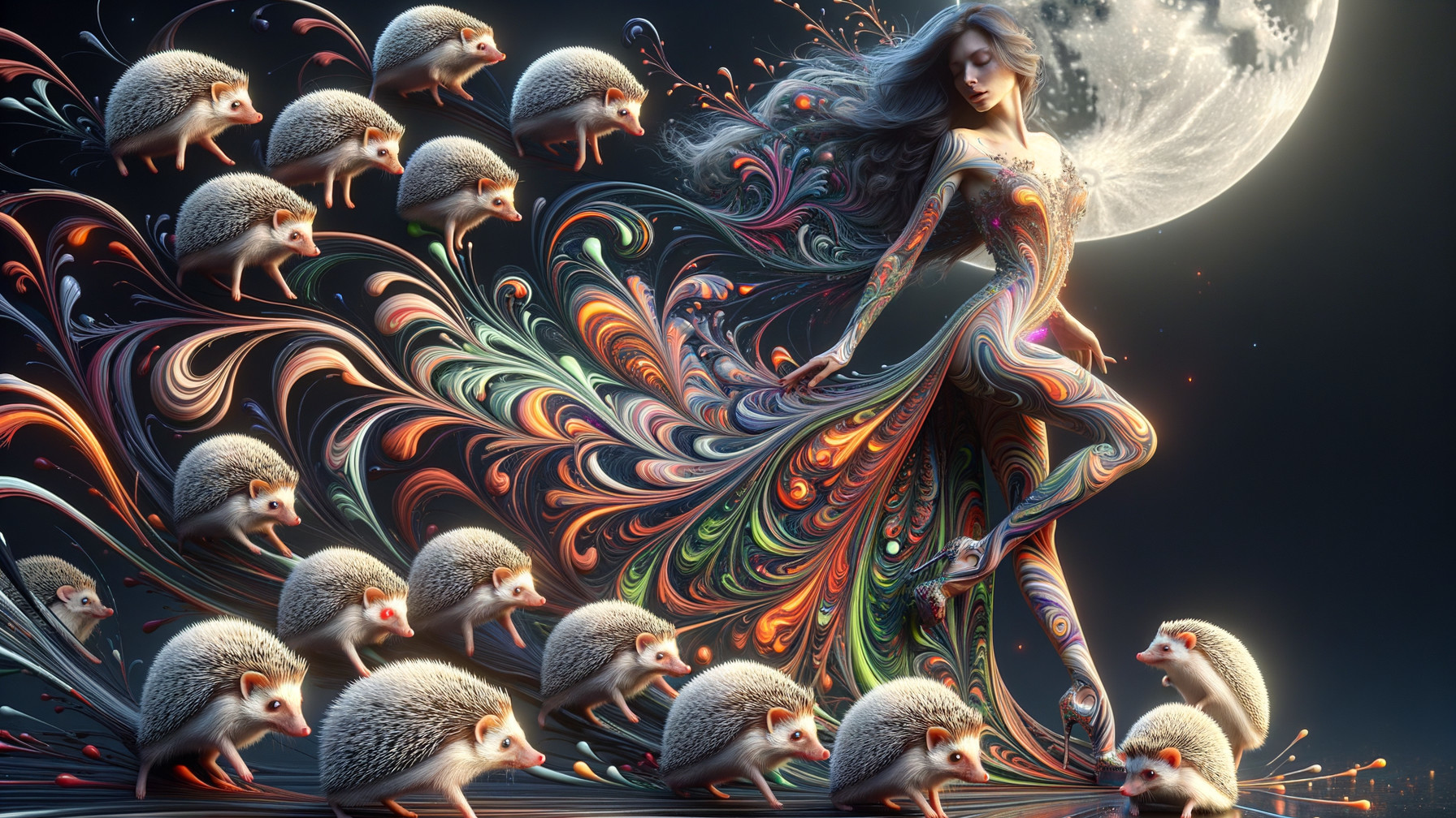 Whimsical Dance with Colorful Hair and Hedgehogs