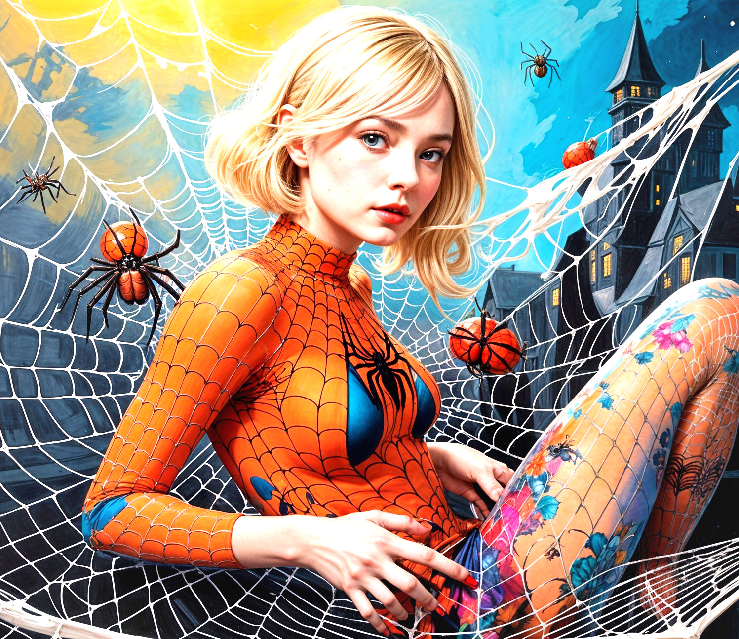 Young woman in spider-themed bodysuit with Halloween decor