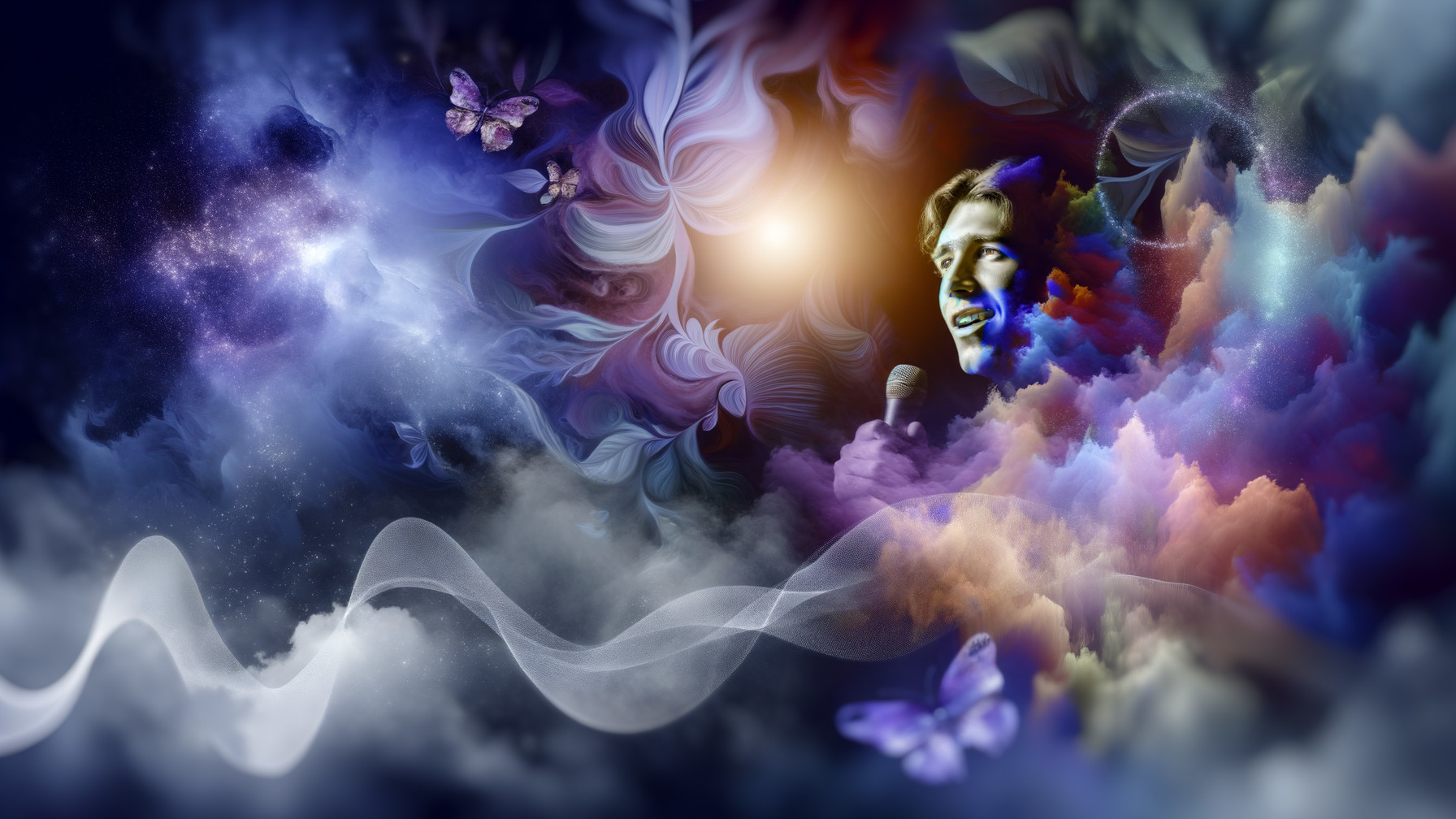 Surreal Artwork of Cosmic Elements and Vibrant Clouds