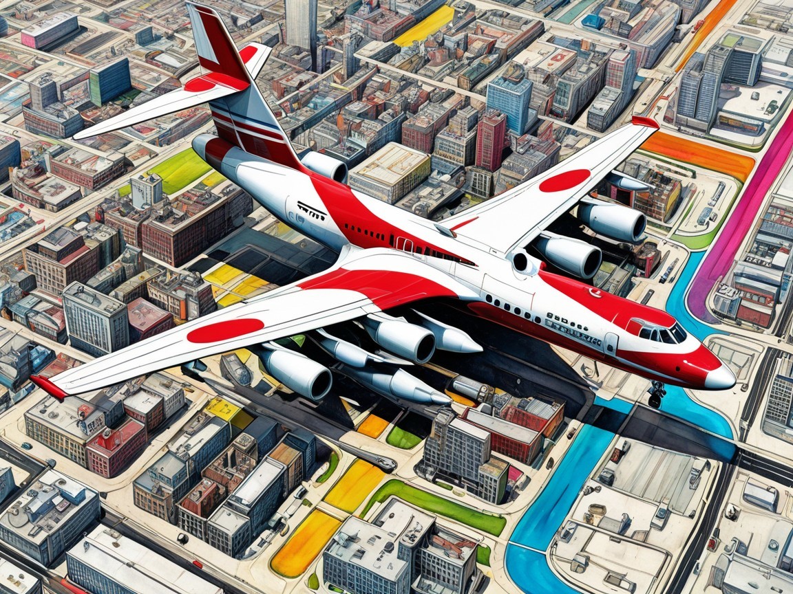 Aerial View of Futuristic City with Airplane and Colors