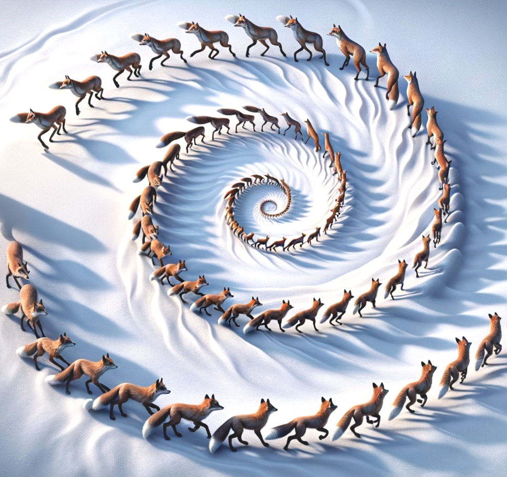 Spiral Formation of Foxes in Snowy Landscape