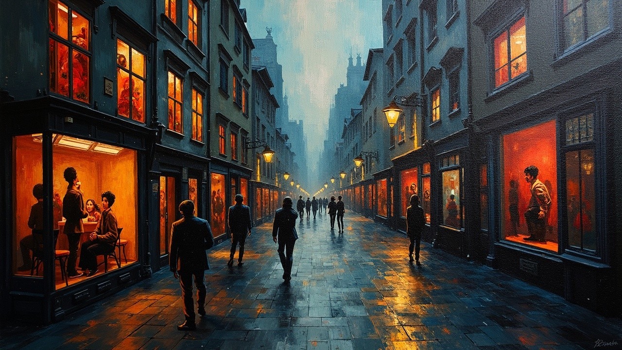 Dimly Lit Street with Charming Shops at Dusk