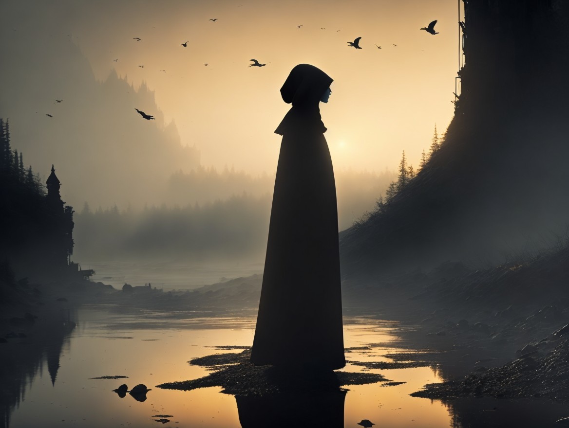 Cloaked Figure by Serene Waterway at Sunrise