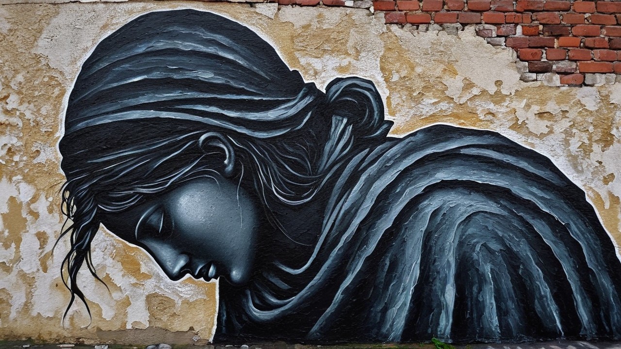 Black and white mural of a woman in a melancholic pose