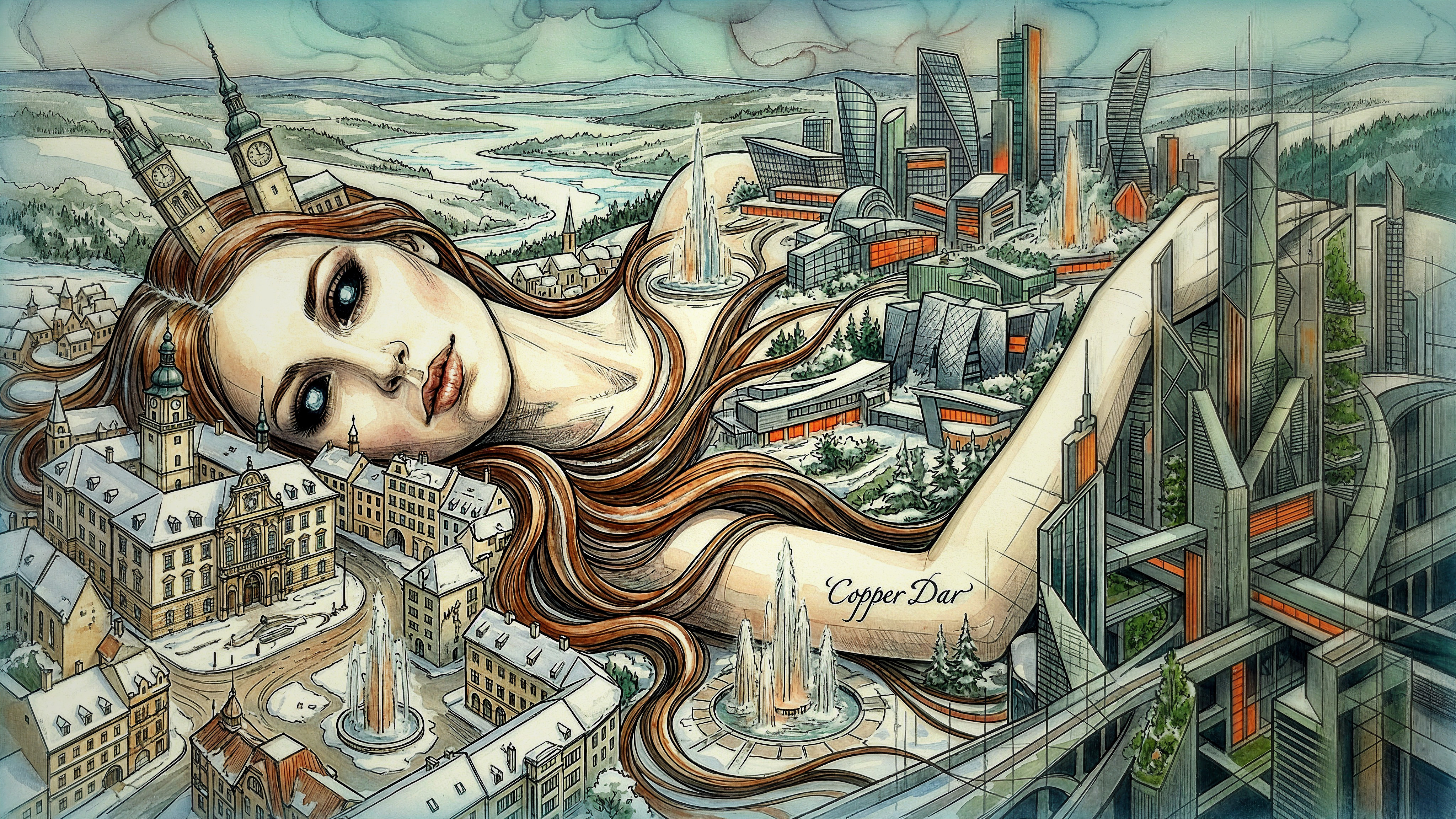 Winter Landscape with Giant Woman and Clock Towers