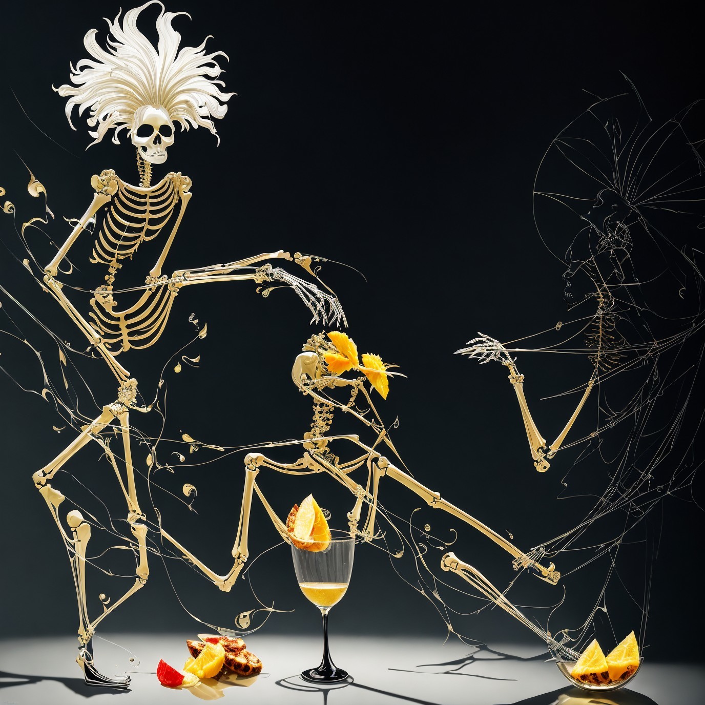 Three Dancing Skeletons on Dark Surface Background