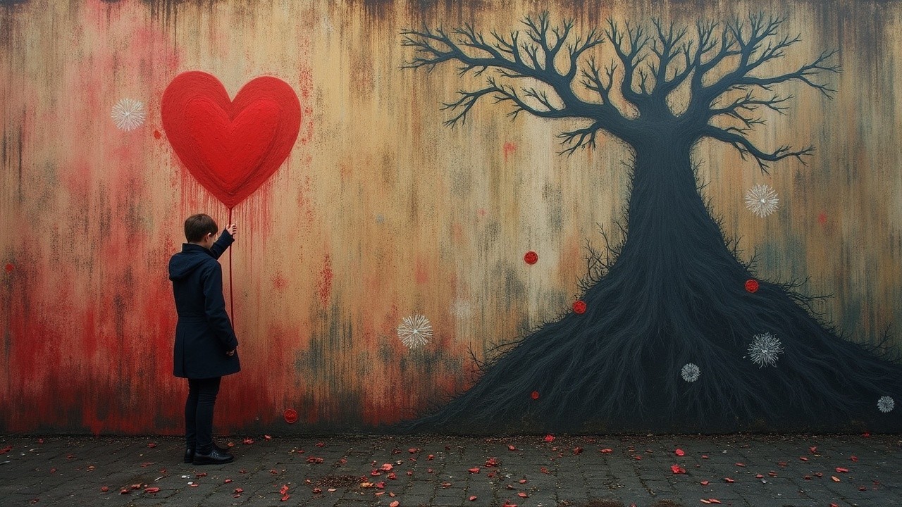 Mural of Black Tree and Red Heart Balloon on Wall