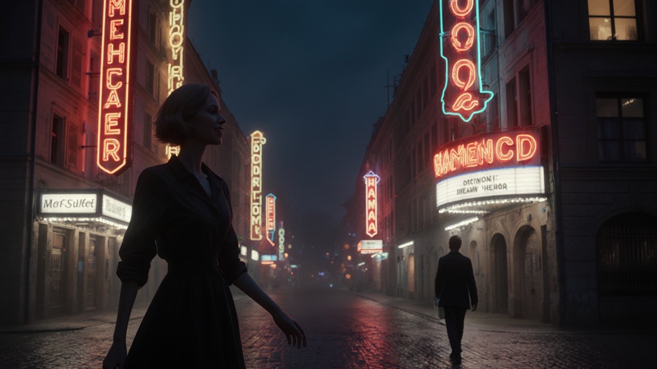 Misty Urban Night Scene with Neon Lights and Silhouettes