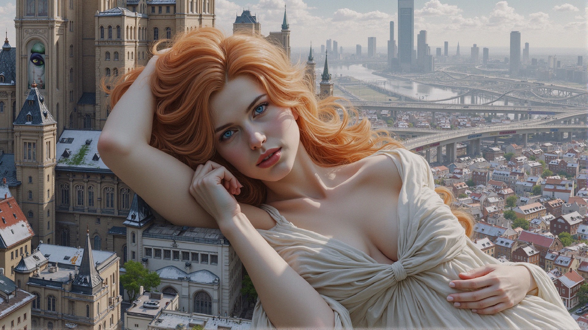 Young woman with auburn hair on detailed building