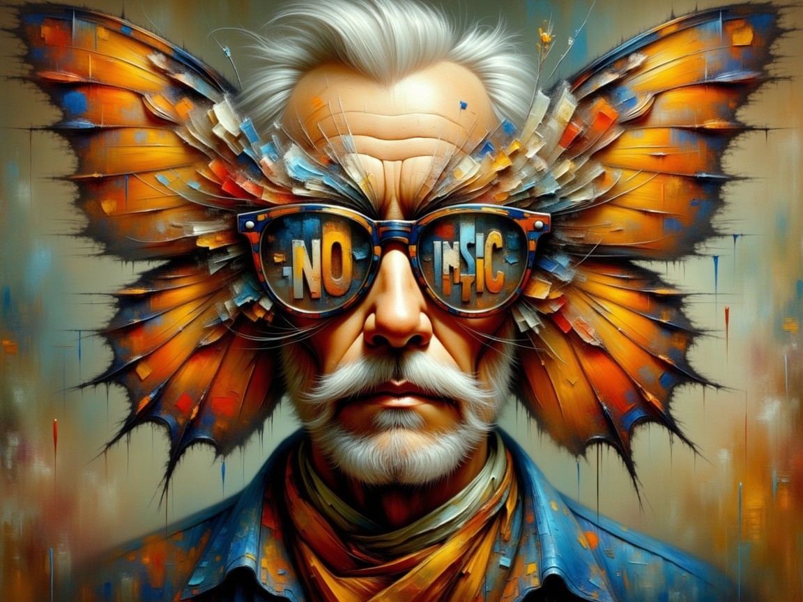 Elderly Man Portrait with Butterfly Wing Sunglasses
