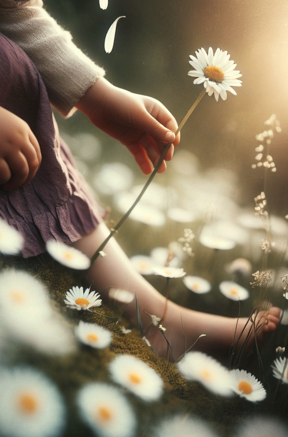 Child's Hand Holding Daisy in Sunlit Meadow Scene