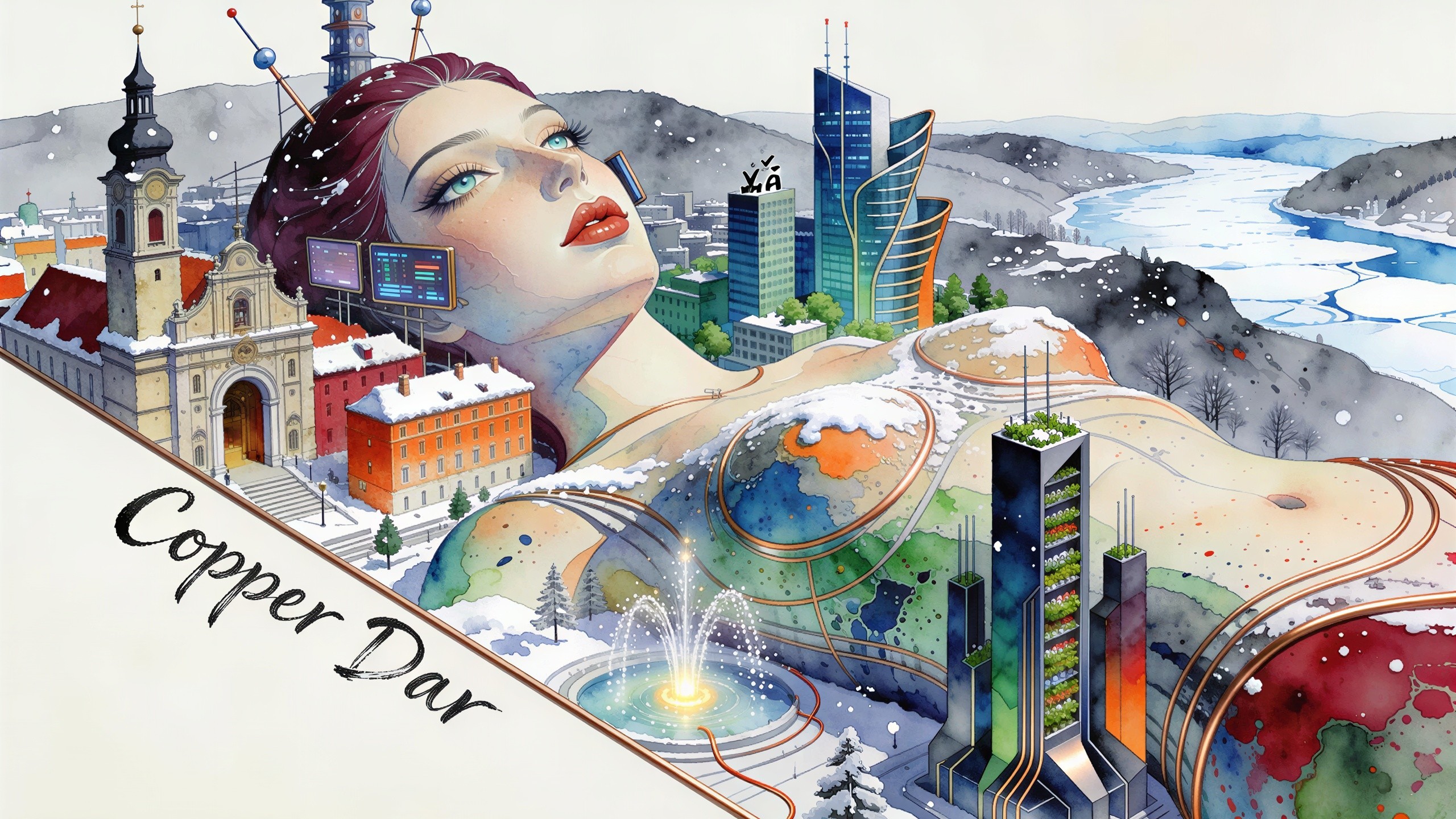 Giantess in Winter Cityscape Watercolor Painting