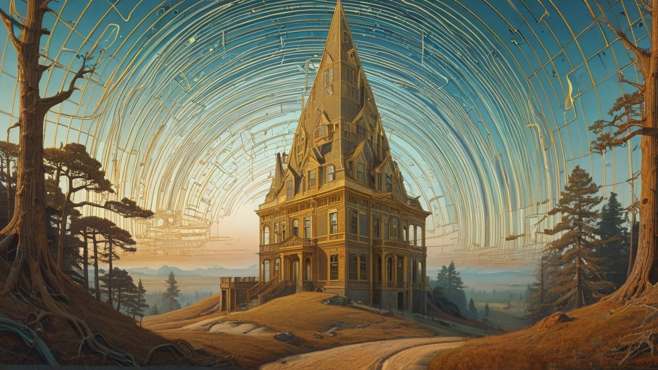 Tall Mansion on Grassy Hill with Abstract Sky Patterns
