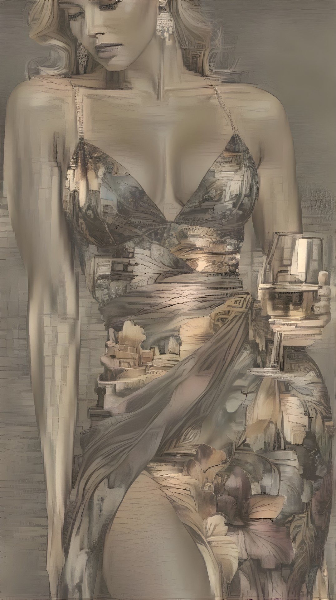 Stylized Woman in Elegant Floral Dress Artwork
