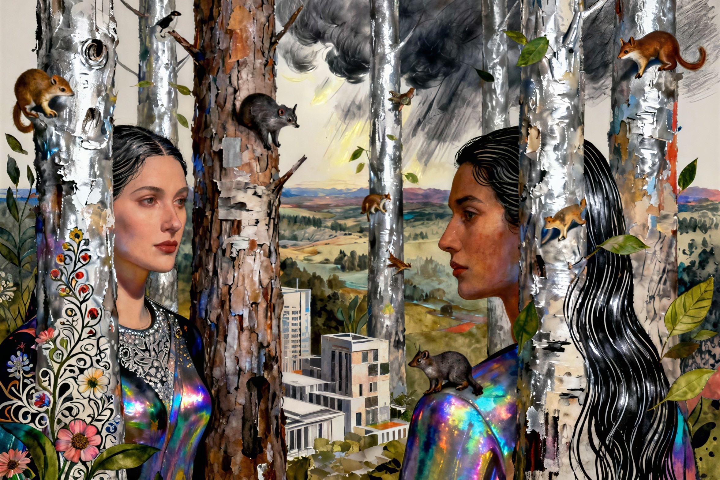 Whimsical Forest Scene with Two Women and Wildlife