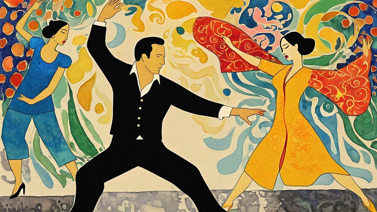 Stylized Figures in Vibrant Colors and Abstract Background