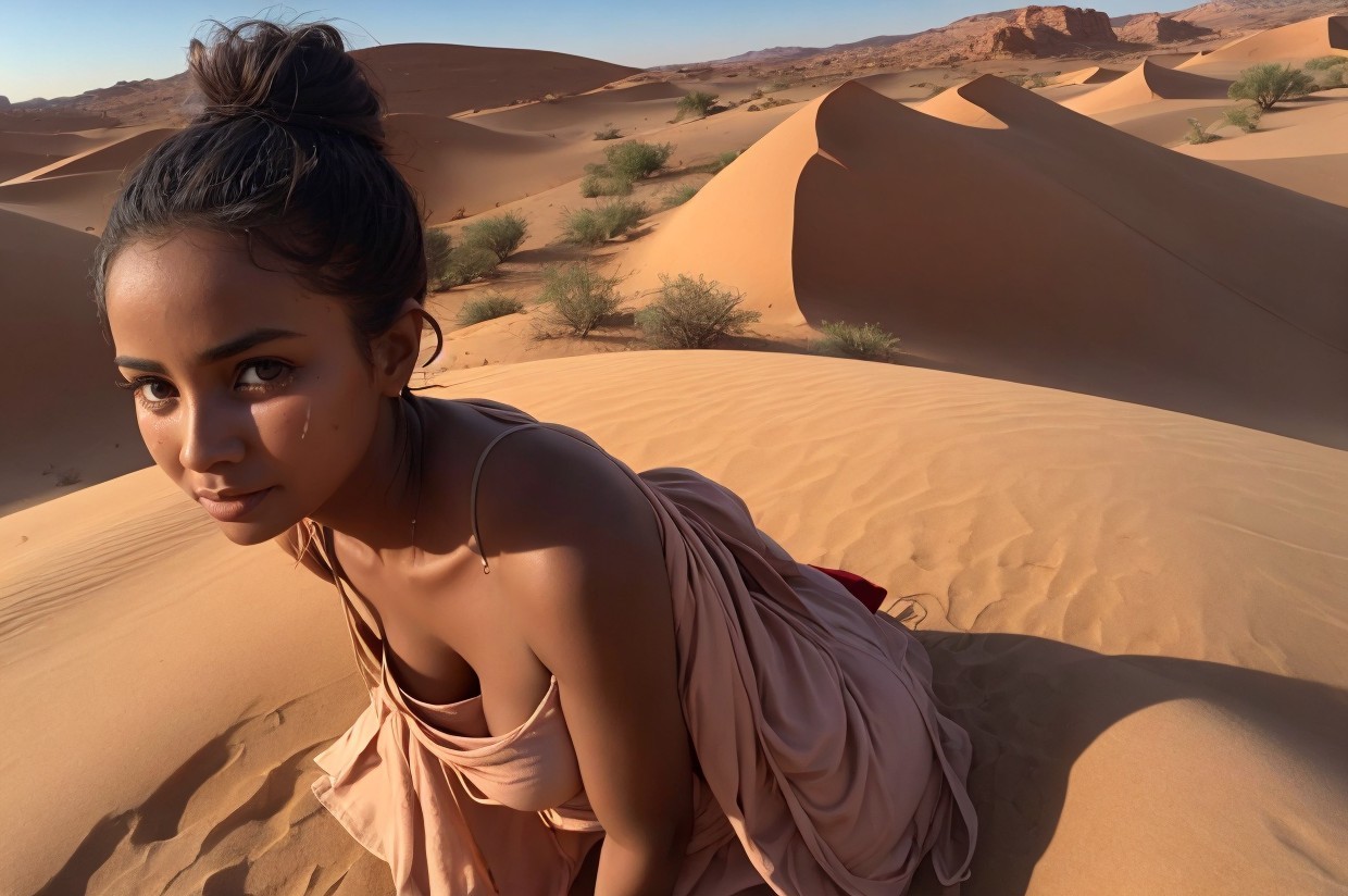 Young woman in flowing dress in desert landscape