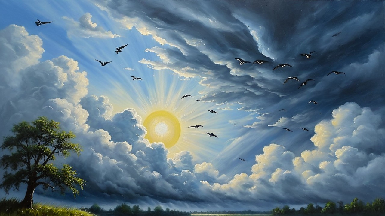 Dramatic Sky with Clouds and Silhouetted Birds