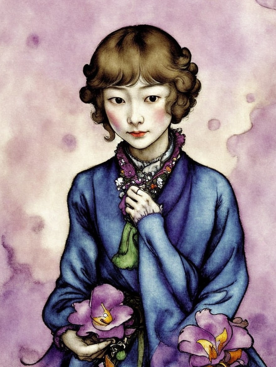 Serene Young Girl with Orchids in Pastel Setting