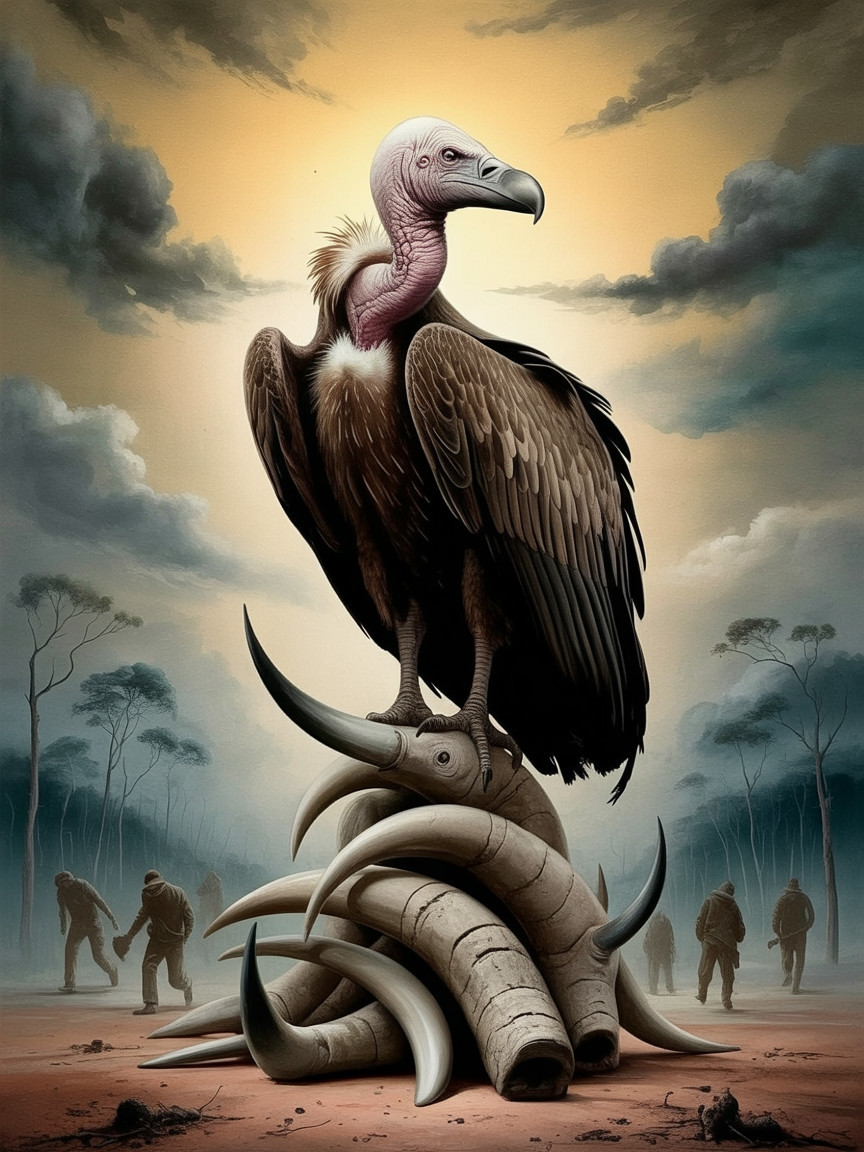Vulture on Horns Against Dramatic Cloudy Sky
