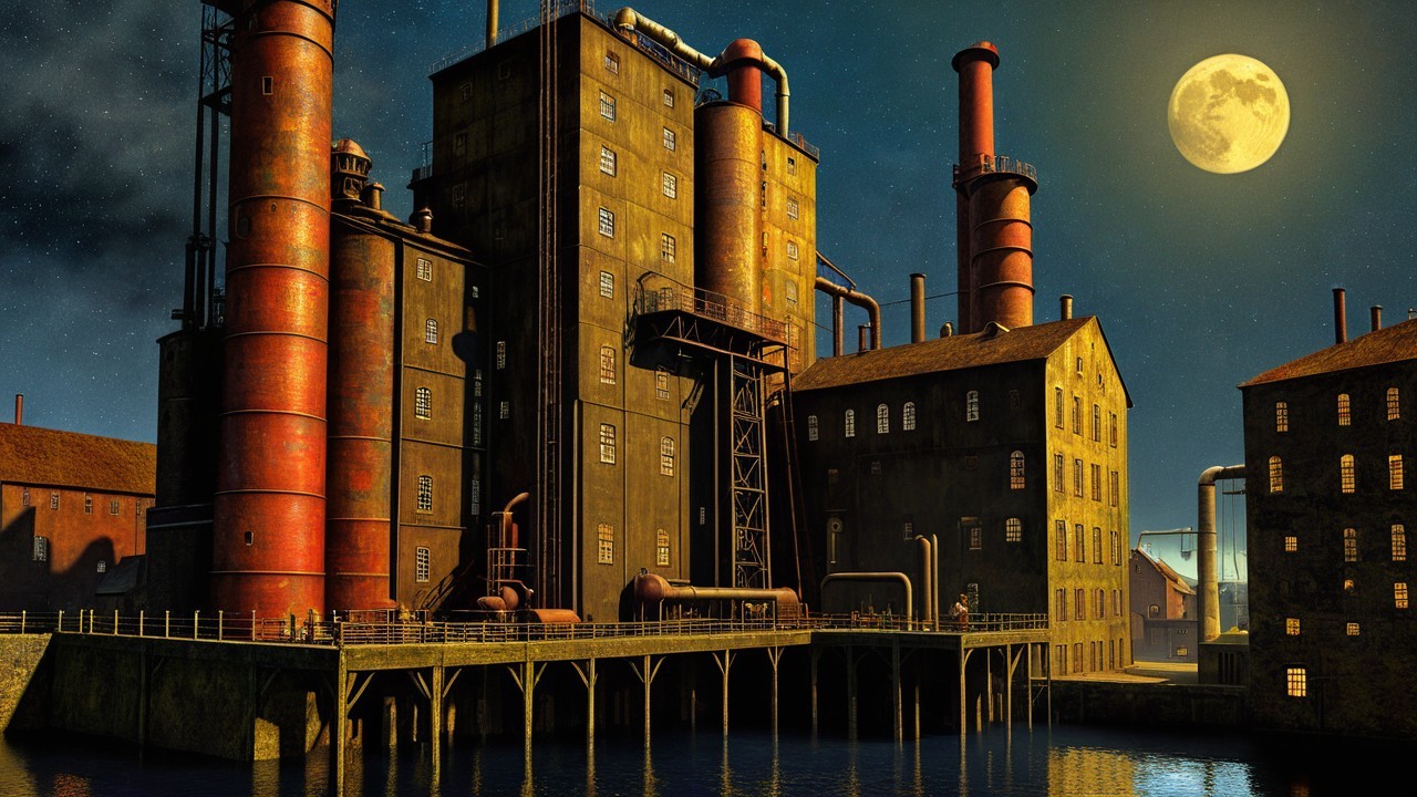 Industrial Facility at Night with Moonlit Reflection