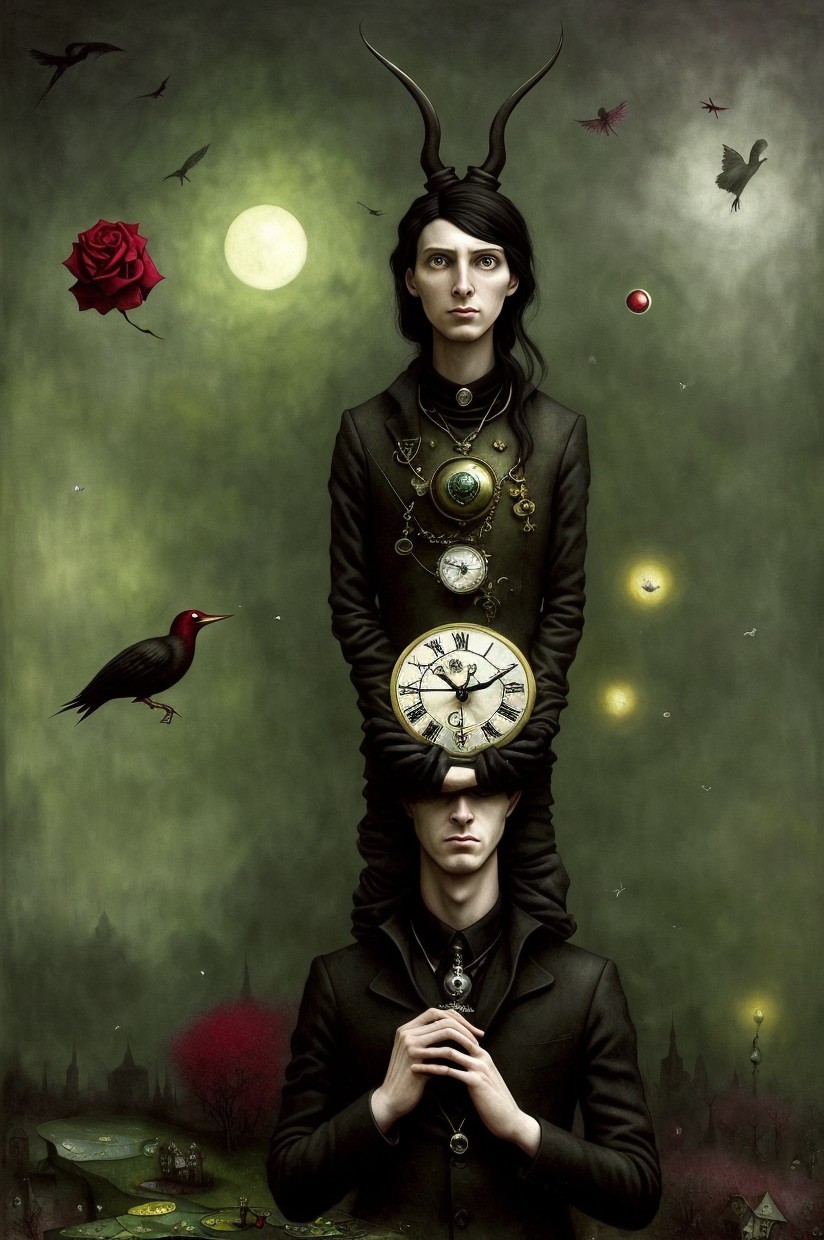 Vertical Figures with Antlers and Clock in Surreal Landscape