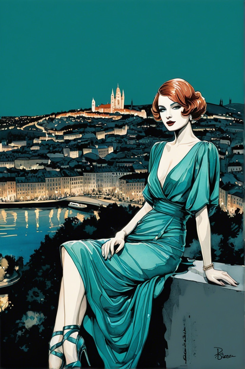 Glamorous woman in teal dress by illuminated river