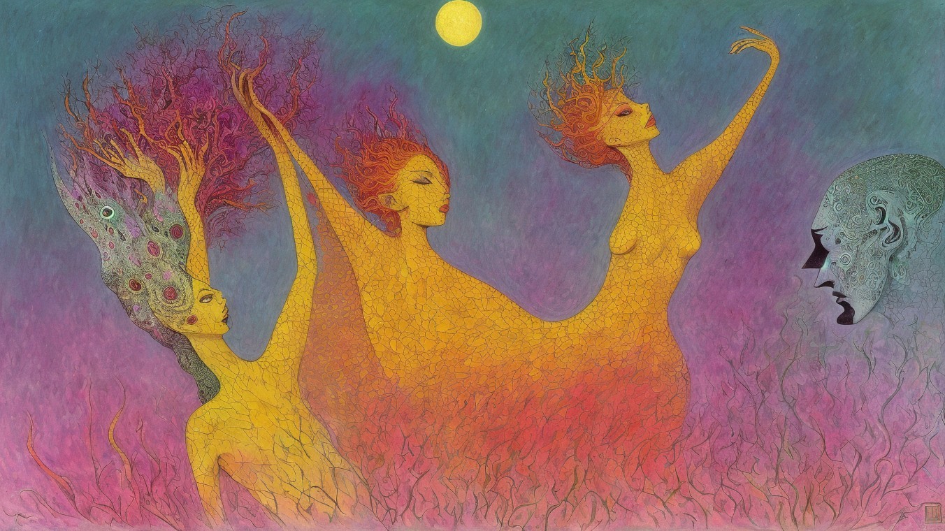 Ethereal Figures in Fiery Hair Amidst Vibrant Colors