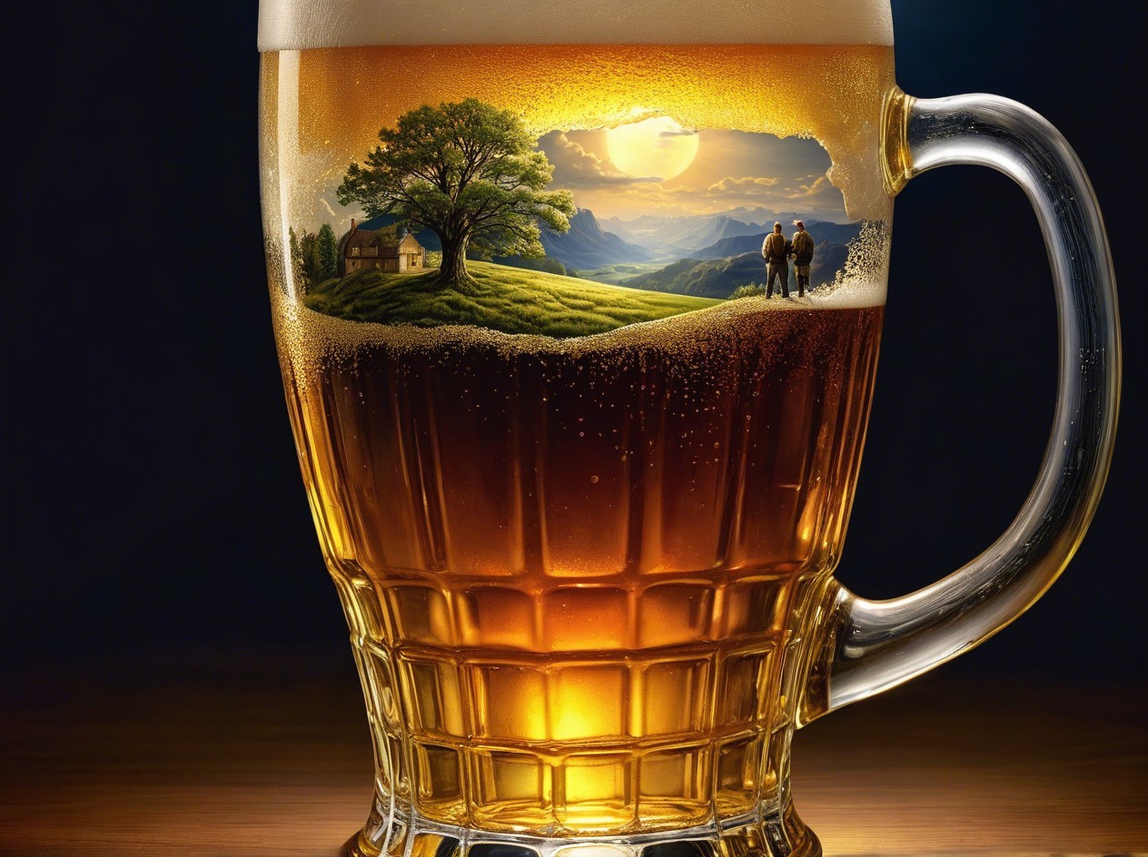 Beer Glass Reflecting Serene Sunset Landscape