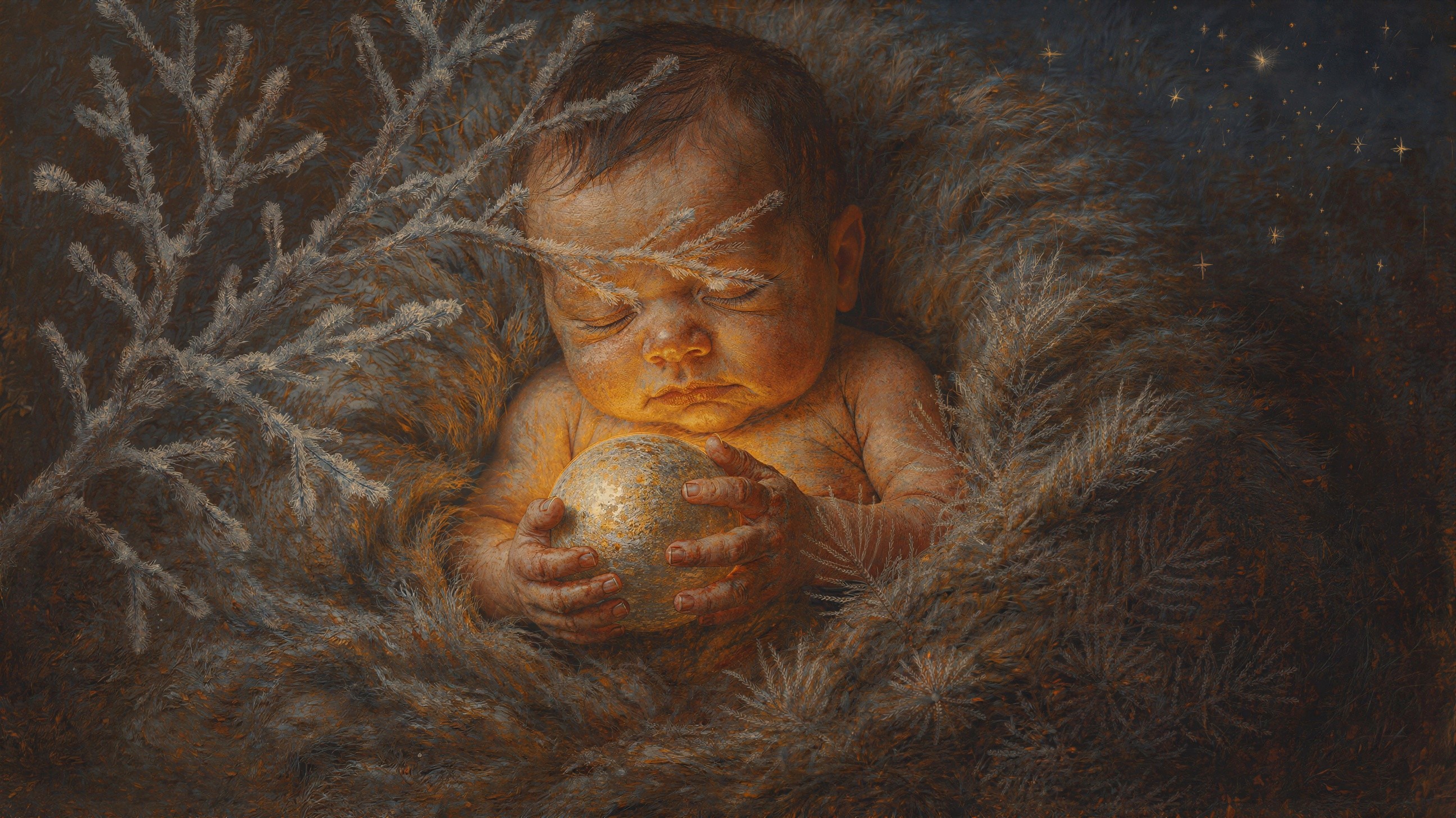Fantasy Oil Painting of Newborn in Pine Needle Nest