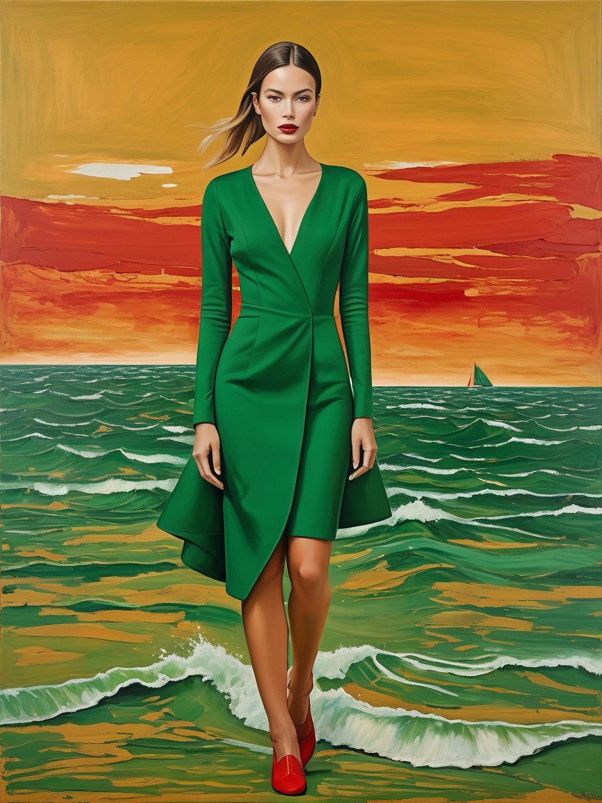 Woman in Green Dress Against Sunset and Ocean Waves