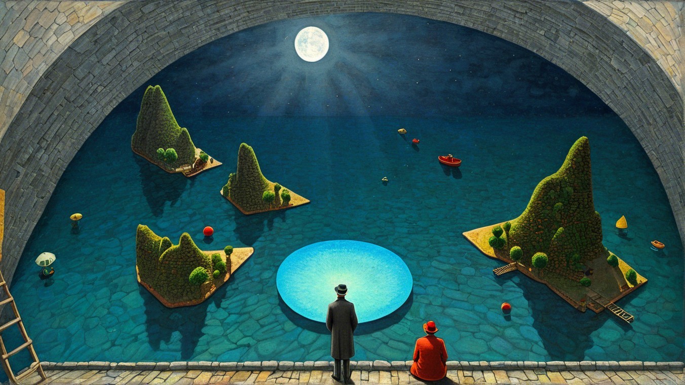 Surreal Moonlit Scene with Water and Islands