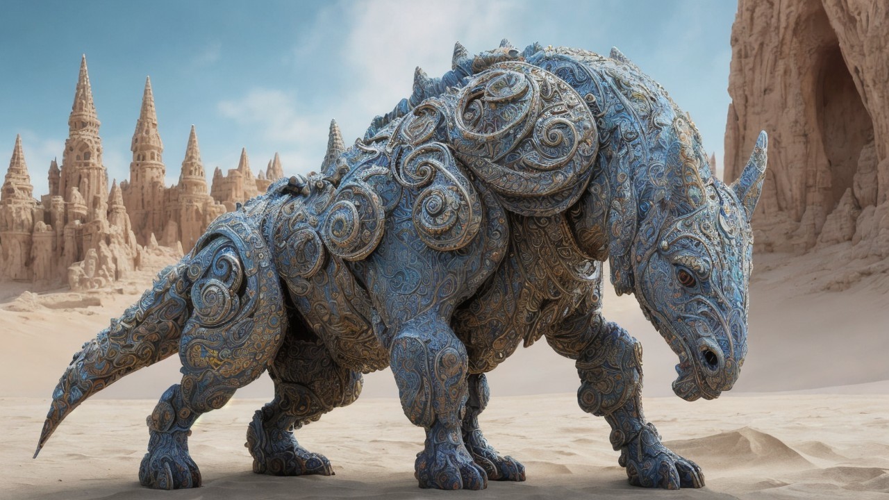 Majestic rhinoceros-like creature in surreal desert landscape