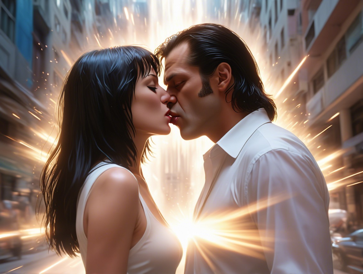 Couple Kissing Amidst Urban Explosion of Light