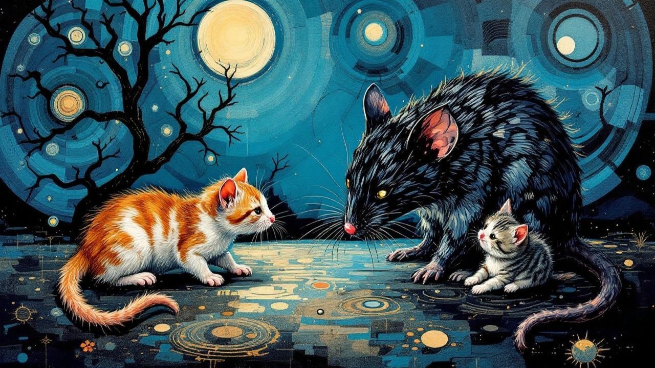 Surreal Night Scene with Rat and Cats in Abstract Setting