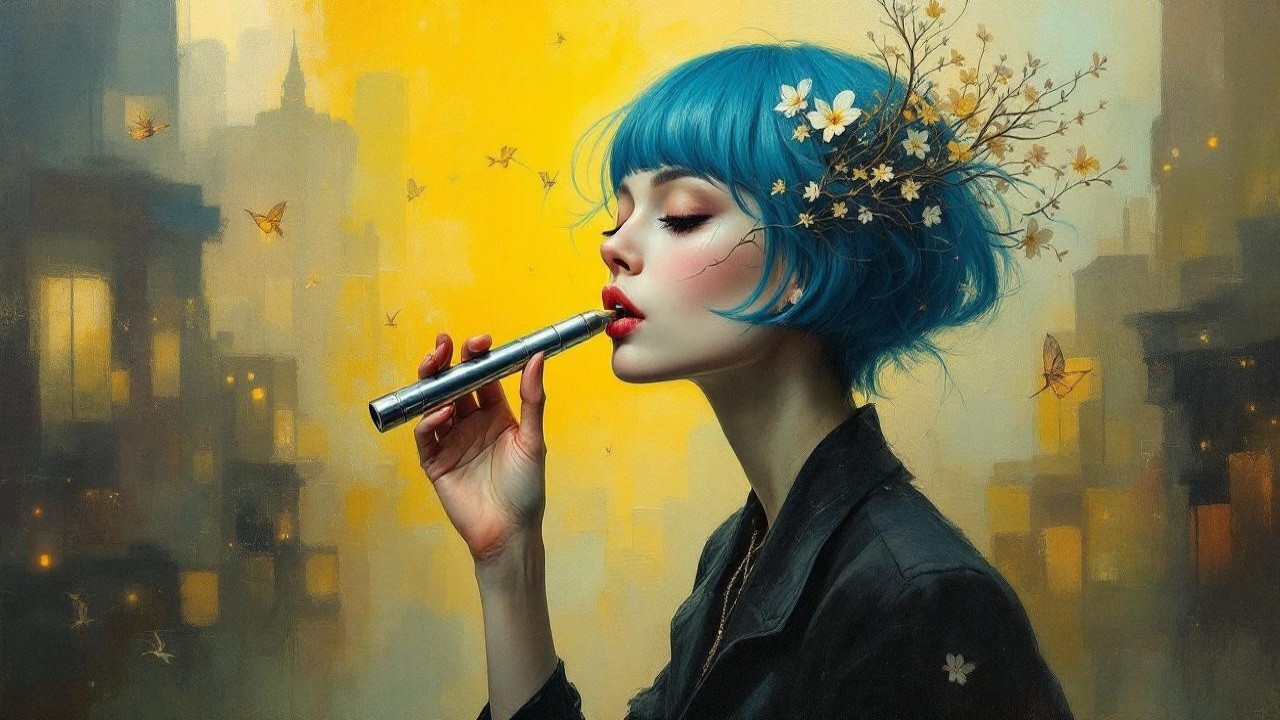 Young Woman with Blue Hair Playing Flute in Skyline