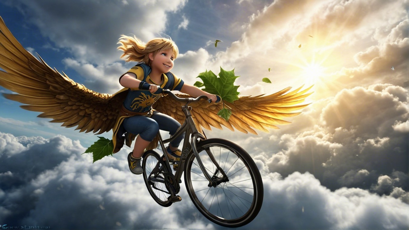Child with golden wings riding a bicycle in the sky