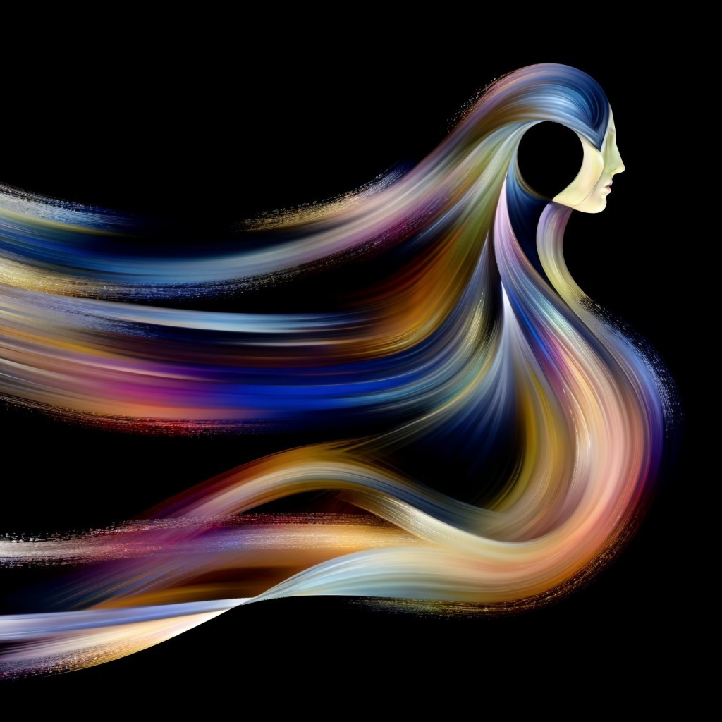 Ethereal Figure with Colorful Mane on Black Background