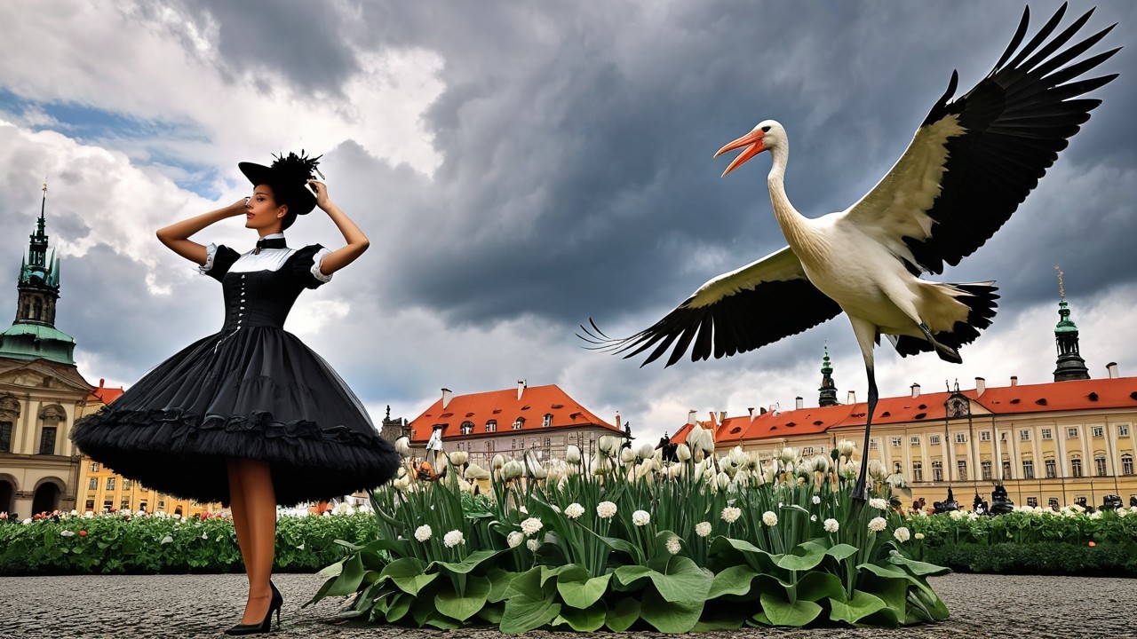 Elegant Woman in Black Dress in Vibrant Garden Scene