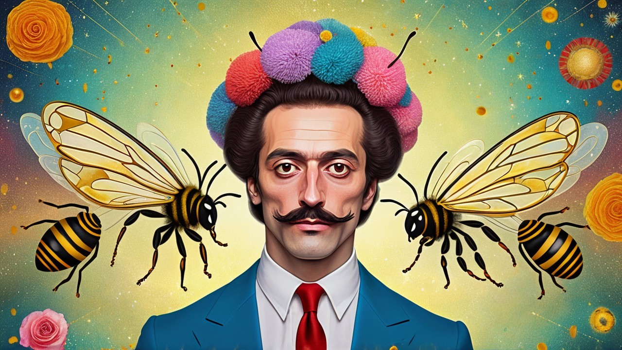Stylish man in blue suit with whimsical hat and bees