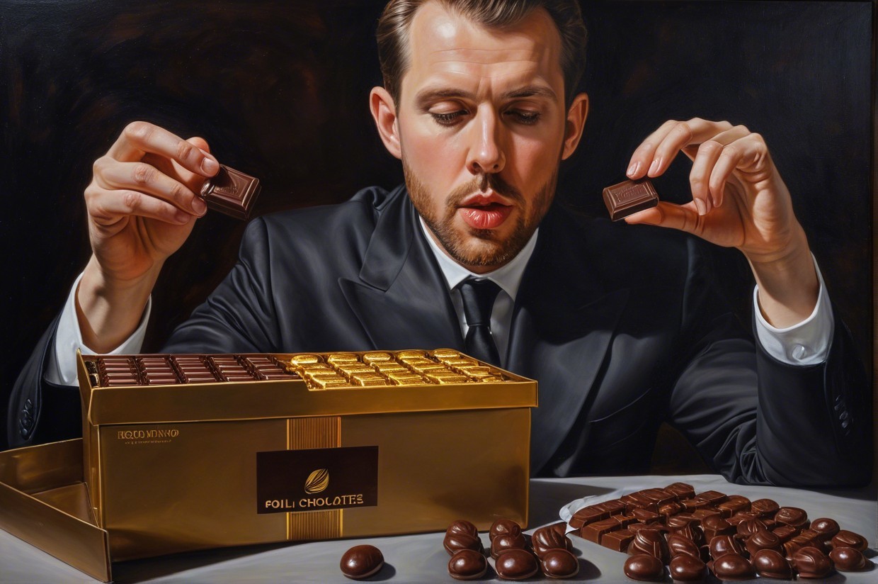 Man in Black Suit Examines Chocolates from Gold Box