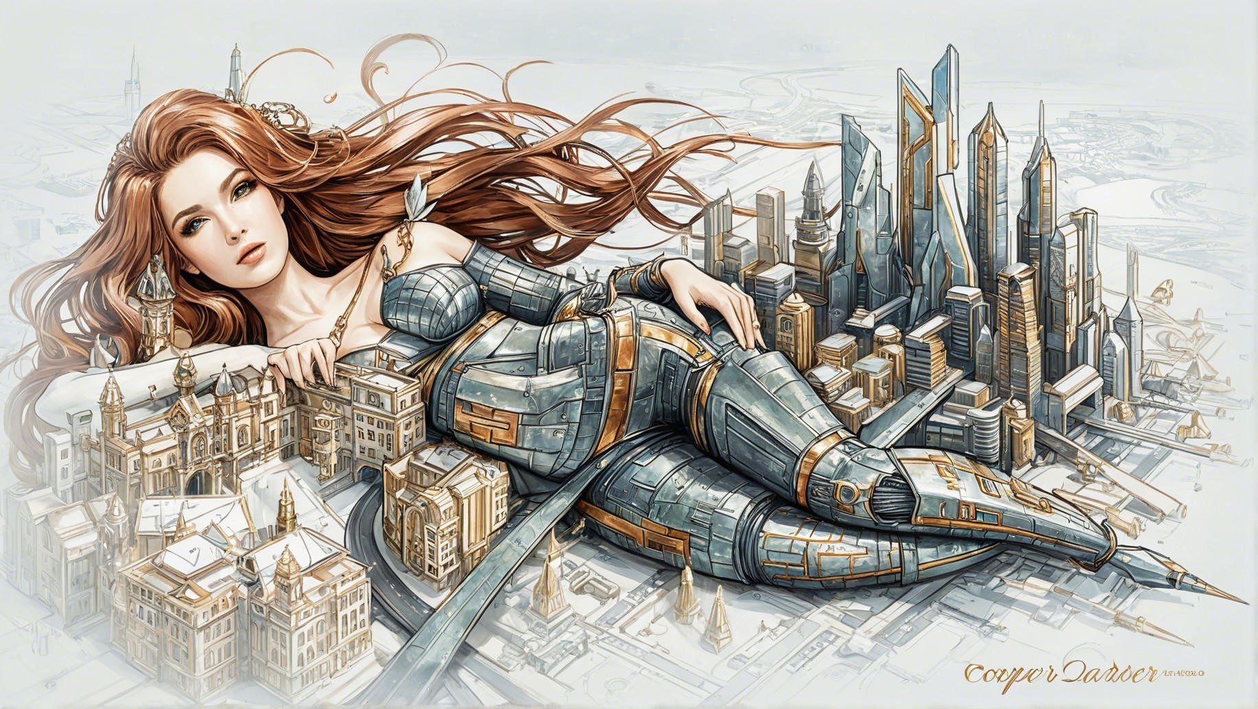 Goddess-like Figure in Futuristic Armor Over Cityscape