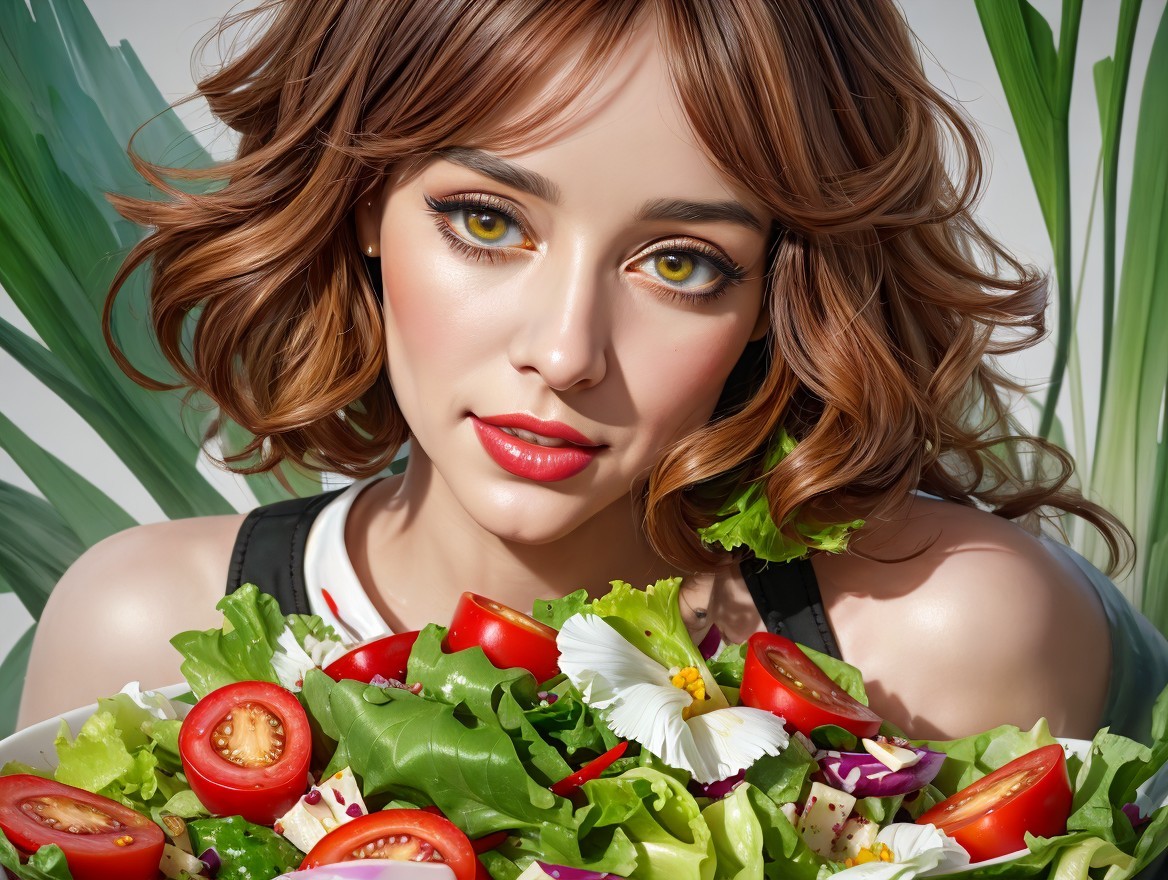 Young Woman Posing with Colorful Salad Bowl