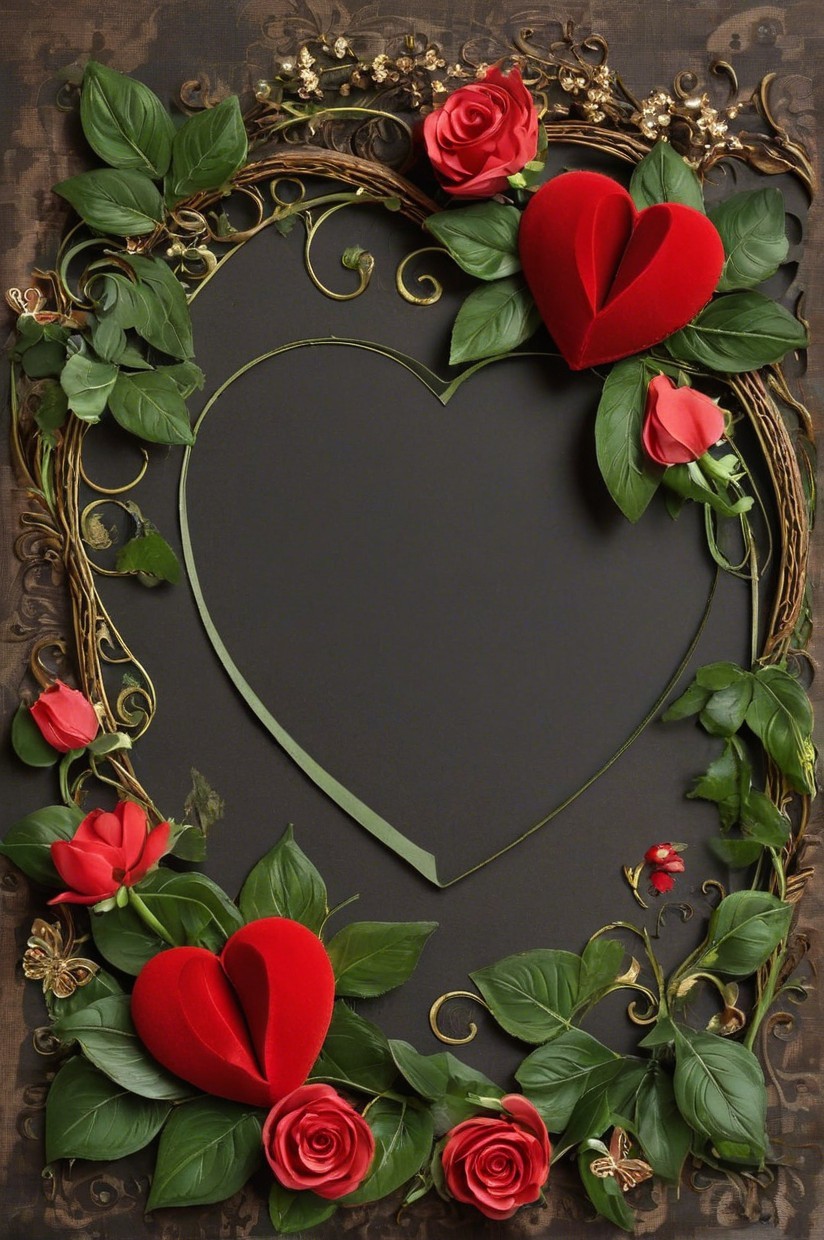 Heart-Shaped Frame with Roses and Green Leaves