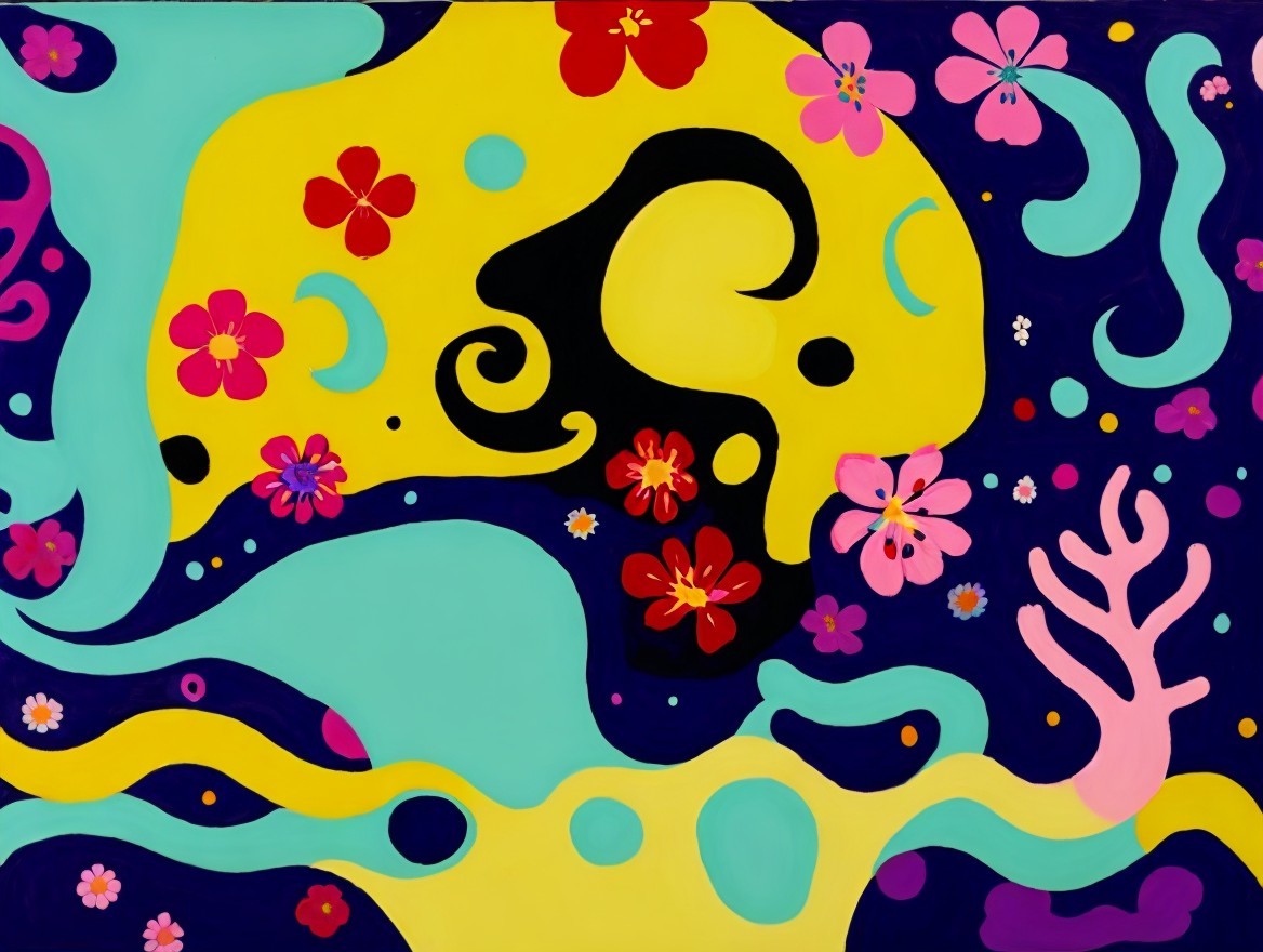 Vibrant Abstract Composition with Playful Shapes and Colors