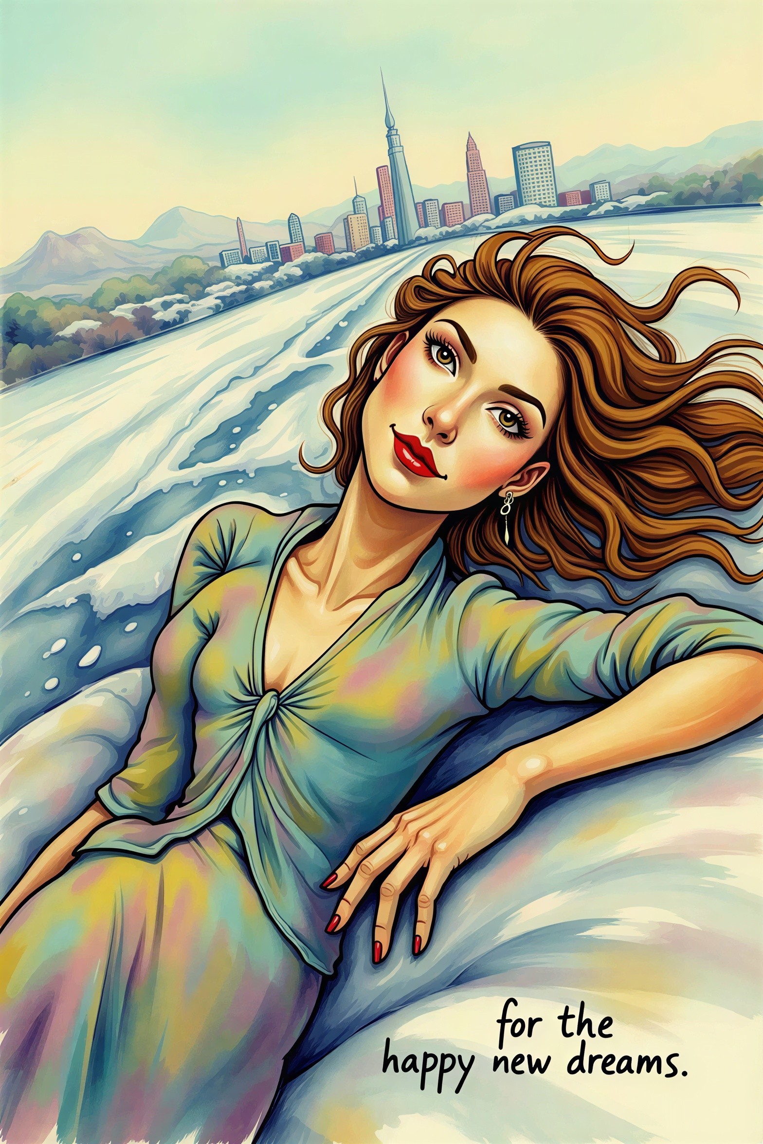 Beautiful woman in pastel outfit reclining on white surface